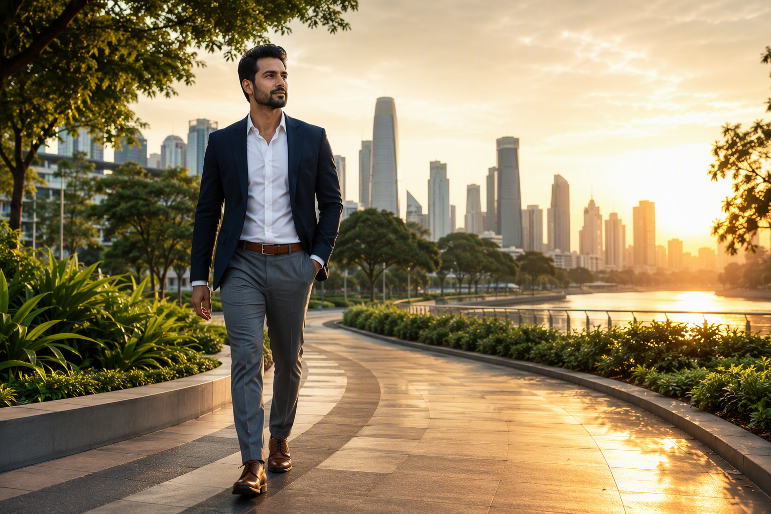 Working professional walking through a green urban park at sunrise, representing the integration of health, career and long-term wealth